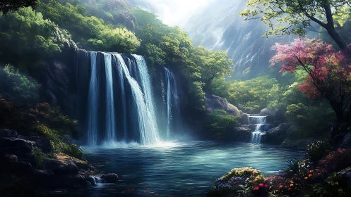 Mystic forest waterfall pool under soft morning light.