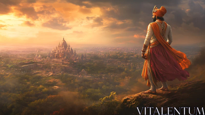 Warrior prince surveys ancient temple city at molten dawn