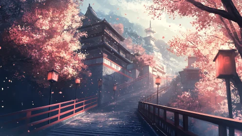 Cherry blossom shrine path under soft lantern glow at dusk.
