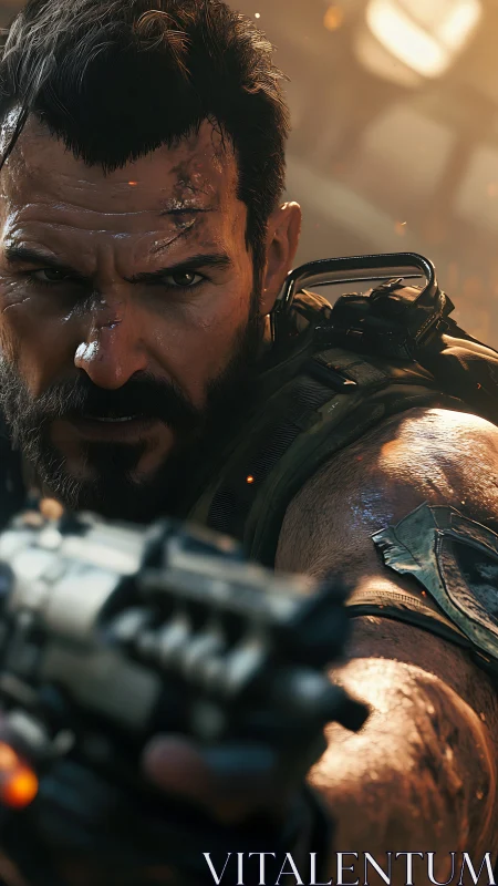 Battle-hardened soldier aiming sidearm in combat zone.