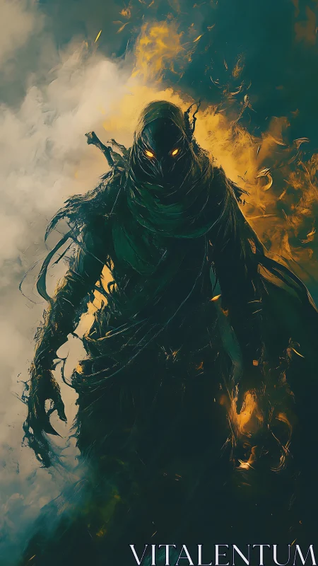 Hooded elemental wraith figure in dual fire and smoke field