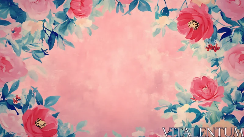 Floral composition with pink blooms and teal foliage on gradient background.