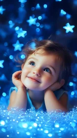 Wonder-filled child gazes upward surrounded by magical glowing stars