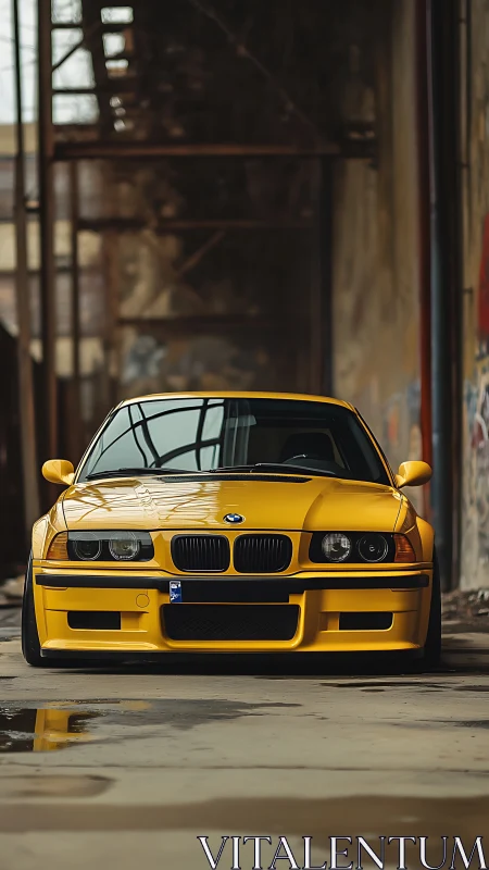 Yellow BMW coupe front view in decayed industrial hangar.