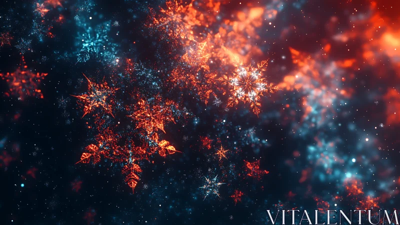Bokeh fractal snowflakes in vivid cyan and orange glow.