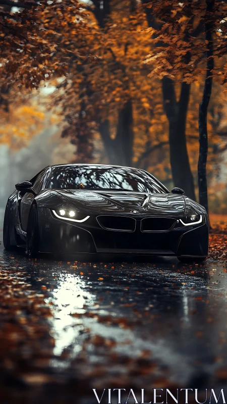Black sports coupe on wet autumn road with headlights on.
