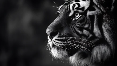 Tiger profile in sharp black and white close-up lighting