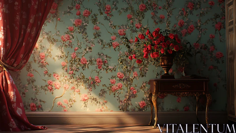 Floral wallpapered wall with rose bouquet on ornate table
