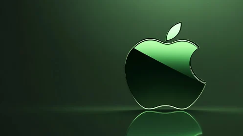 Green glass apple logo on glossy reflective surface.