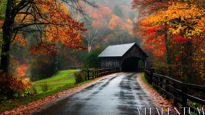 Wet asphalt curve into timber bridge in saturated autumn fog.