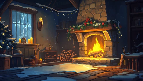 Snow-dusted rustic cabin interior with glowing festive hearth