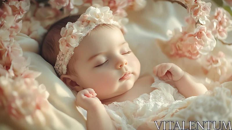 Peacefully slumbering infant nestled within blossoming botanical splendor