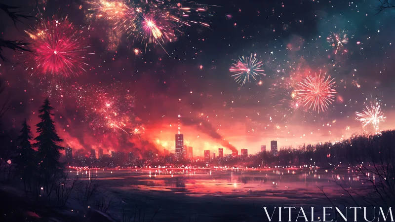 Fireworks over the winter city lake at glowing twilight.