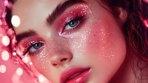 Close-up beauty portrait with pink glitter makeup and bokeh.