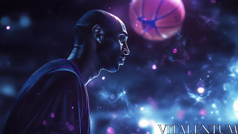 Basketball player profile in luminous abstract arena space.