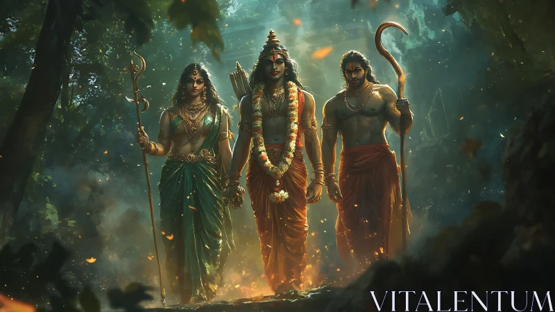 Divine forest journey unites three radiant heroic figures