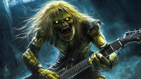 Undead metal guitarist roars under electric stormlight.