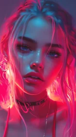Neon bicolored rim lighting on hyperreal female portrait render.