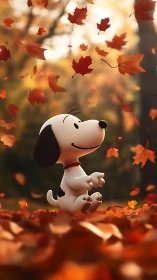 Cartoon beagle enjoys swirling autumn leaves in forest.