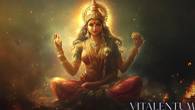 Divine goddess in radiant firelit aura, seated in poise.