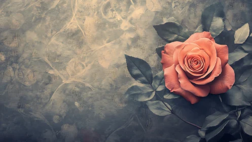 Coral Rose Stands Vivid Against Vintage Floral Backdrop.