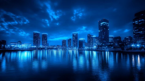 Nocturnal waterfront skyline under hyper-saturated blue luminance.