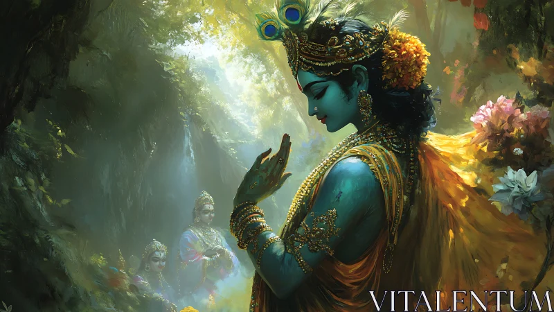 Blue-skinned crowned figure stands in forest with attendants