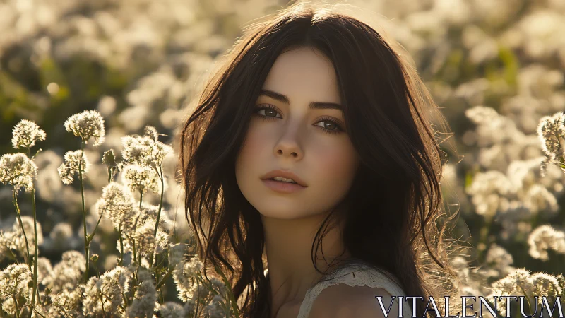 Soft sunlight portrait in a dreamy wildflower meadow.