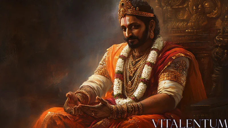 Regal Indian king in ornate throne room, rich warm light.
