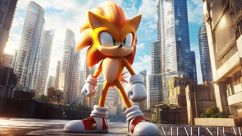 Golden hedgehog hero strides through sunlit megacity streets.
