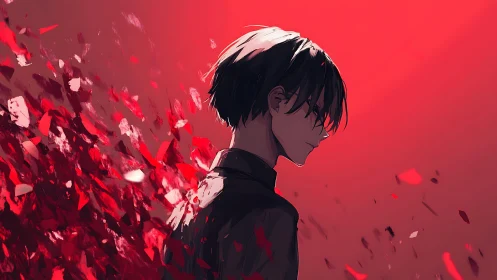 Solitary anime profile dissolving into red abstract fragments