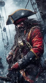 Battle-worn pirate captain braves a harsh winter storm.
