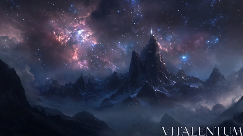 Stellar mountain range under radiant nebula sky at dusk.
