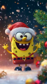 Cheerful cartoon sponge celebrates a magical snowy Christmas