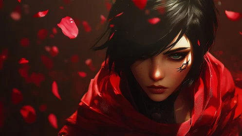Scarlet-eyed rogue beneath a storm of burning rose petals.
