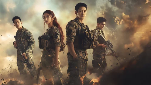 Cinematic military squad portrait in dynamic battle haze.