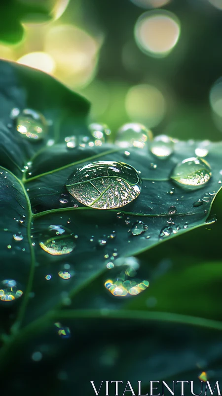 Dew droplets on green leaf with soft blurred bokeh background.