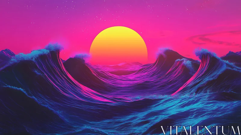 Neon ocean waves rise beneath glowing synthwave sun.
