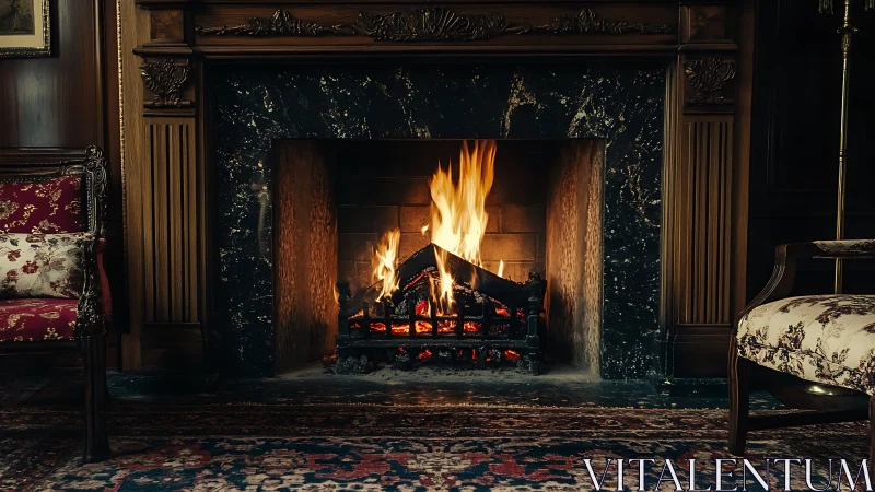 Classical Interior with Fireplace Burning.