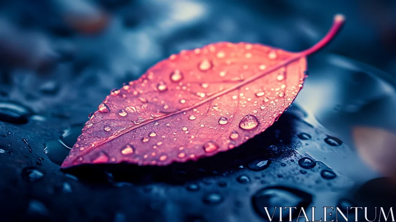 Ruby leaf adrift on midnight water, jeweled with rain.