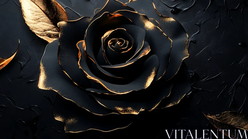 Black rose form with gold leaf accents.
