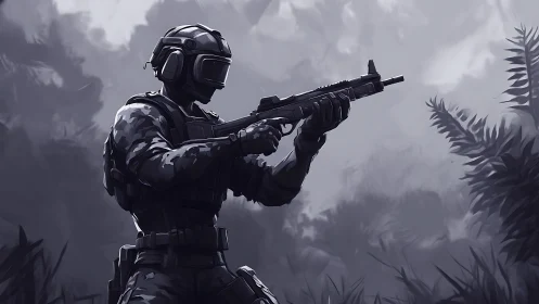 Tactical soldier aims rifle in monochrome jungle environment