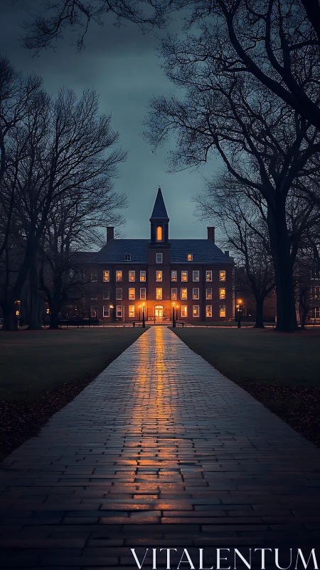 Symmetrical dusk view of illuminated academic brick hall