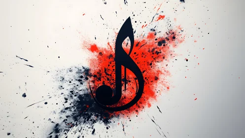 Stylized musical symbol with red and black paint splatter.