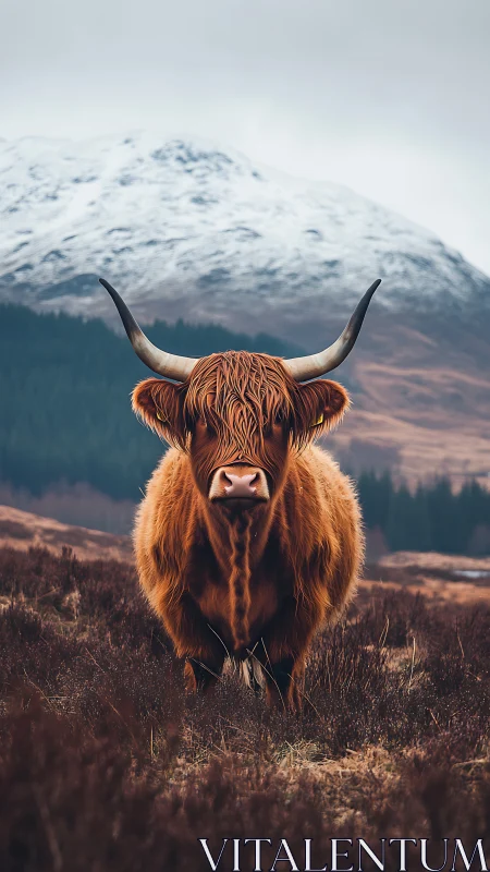 Gentle Highland cow stands calmly before snowy mountain