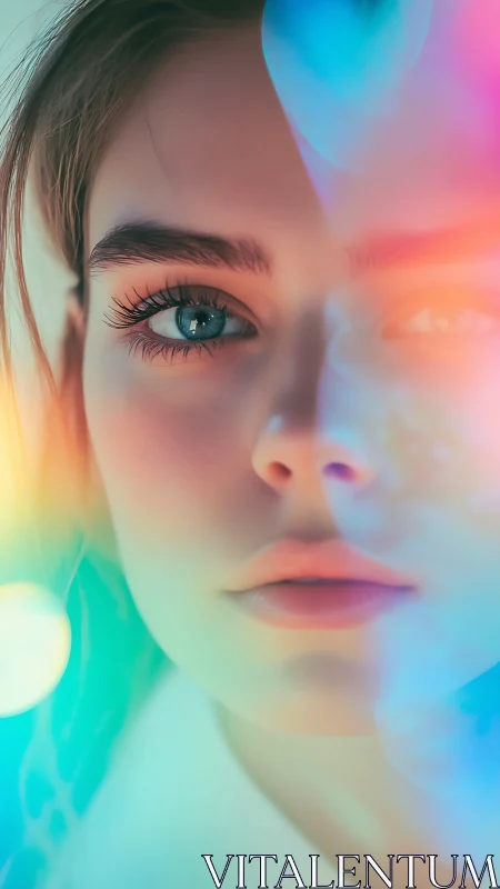 Portrait of young woman with colored light reflections.