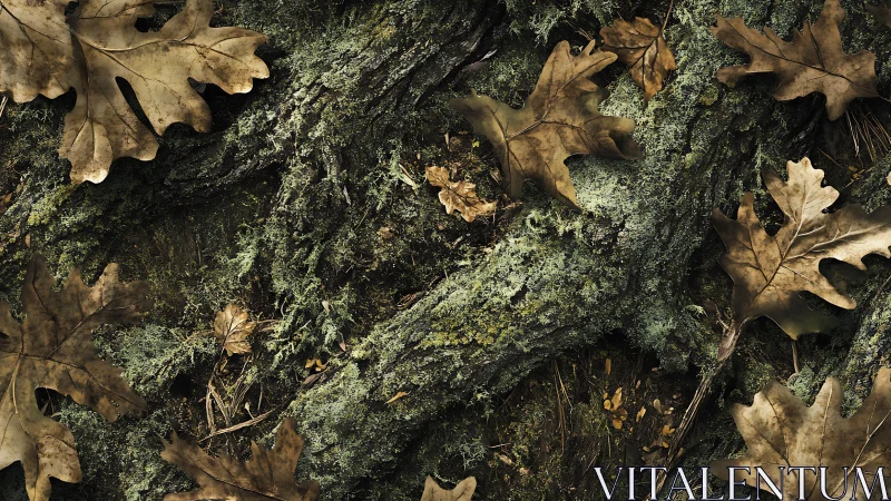 Brown oak leaves lie on moss covered tree bark in forest