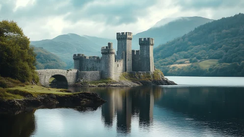 Lakeside stone fortress mirrored in misty mountain waters.
