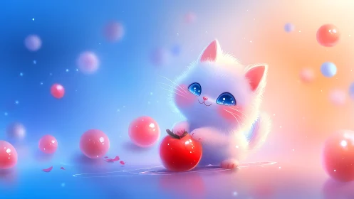 Luminescent Feline Figure Among Spherical Objects in Gradient Field.