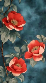 Glowing red blossoms against a dreamy teal painted sky.